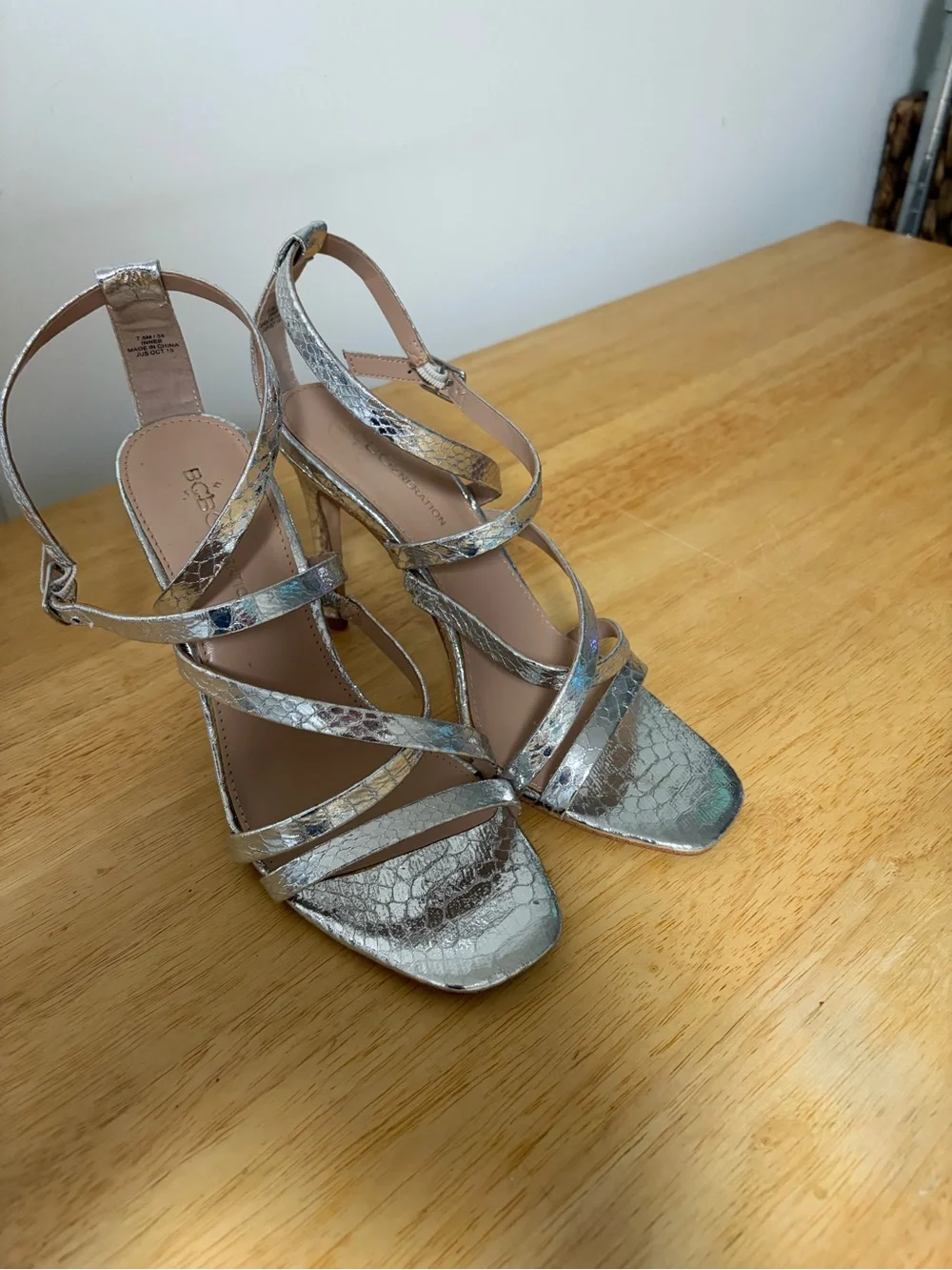 BCBGeneration Silver Metallic Strappy High Heel Sandals